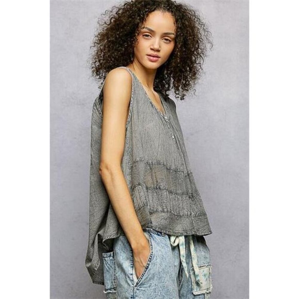 POL Button Down Round Neck Tank with‎ Crochet Contrast - Picture 4 of 8